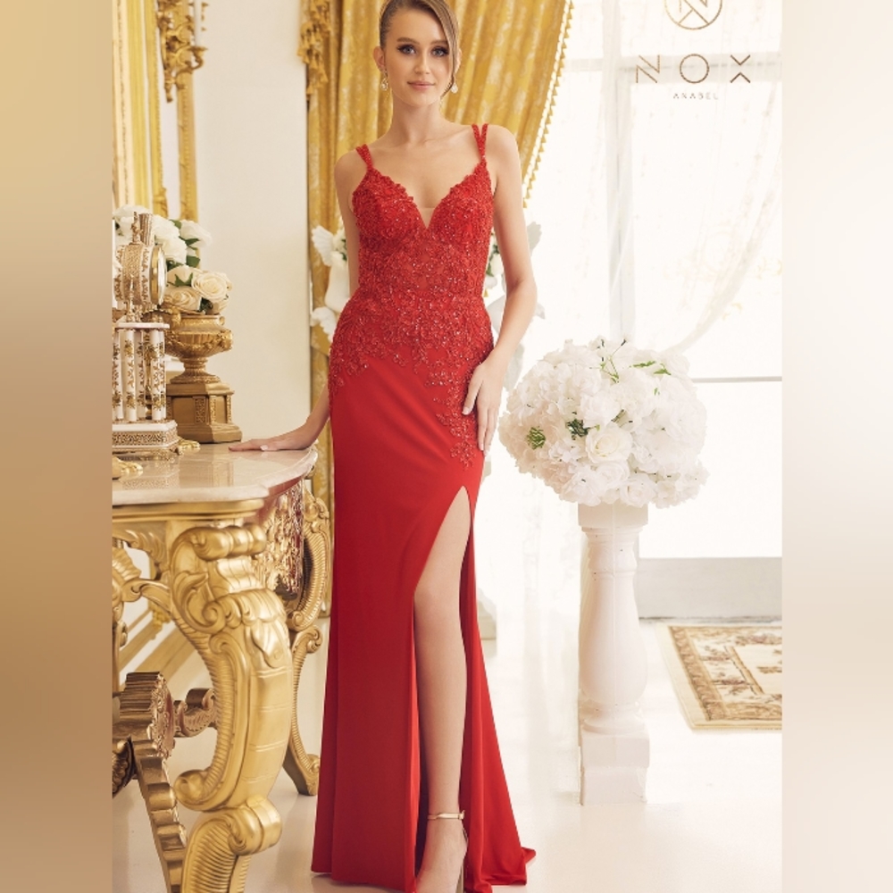Black formal dress,red fitted beaded floor length gown with leg slit